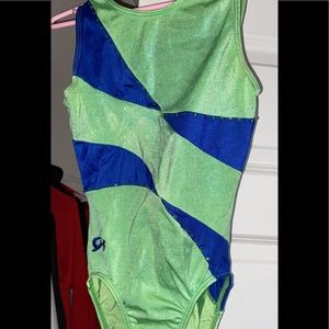 Green blue and rhinestones gymnastics leotard